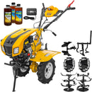 Motocultor AgroPro LC 850 motor Loncin 7 CP benzina 2+1 viteze latime lucru 65-90 cm freze roti cauciuc 4.00x8" capota cu faruri LED tahometru roti metal cultivator plug reversibil 3l ulei