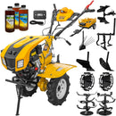 Motocultor AgroPro LC 850 motor Loncin 7 CP benzina 2+1 viteze latime lucru 65-90 cm freze roti cauciuc 4.00x8" capota cu faruri LED tahometru roti metal plug arat rarita reglabila plug cartofi cultivator plug reversibil remorca 3l ulei
