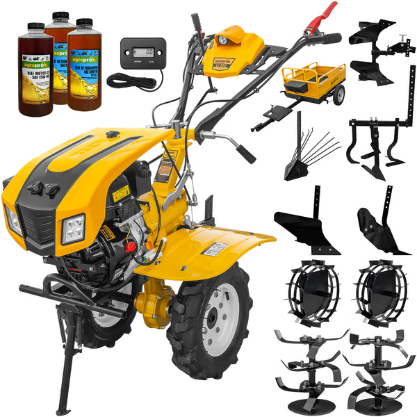 Motocultor AgroPro LC 850 motor Loncin 7 CP benzina 2+1 viteze latime lucru 65-90 cm freze roti cauciuc 4.00x8" capota cu faruri LED tahometru roti metal plug arat rarita reglabila plug cartofi cultivator plug reversibil remorca 3l ulei