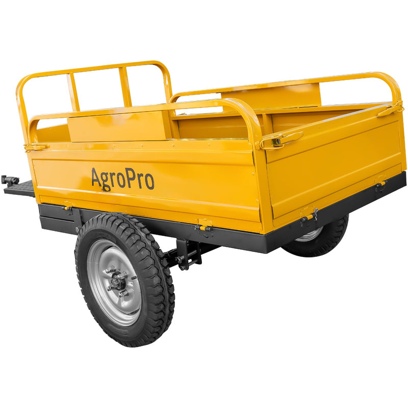 Remorca AgroPro REM 550 capacitate max 550 kg roti 4.00-12" dimensiuni bena 135x90x28 cm basculare frana mana frana picior