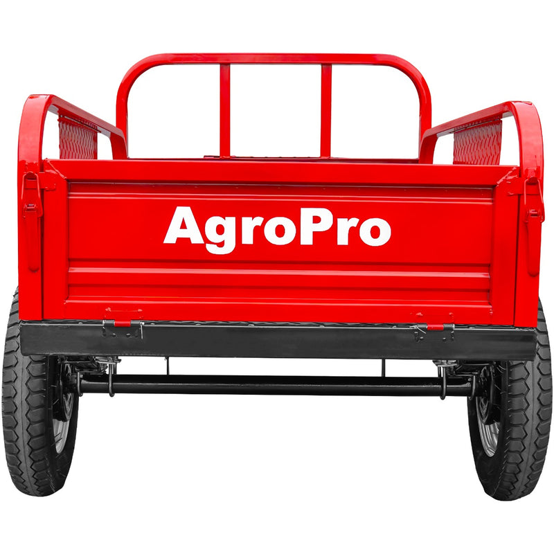 Remorca AgroPro REM 700 capacitate max 550 kg roti 5.00-12&quot; dimensiuni bena 138x89x28 cm basculare frana de mana frana picior