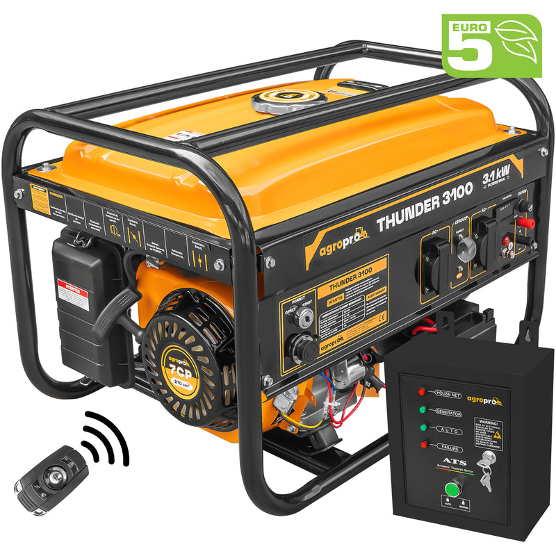 Generator curent AgroPro THUNDER 3100 putere 3.1kW 230V monofazat benzina rezervor 15 L pornire electrica telecomanda AVR + automatizare ATS