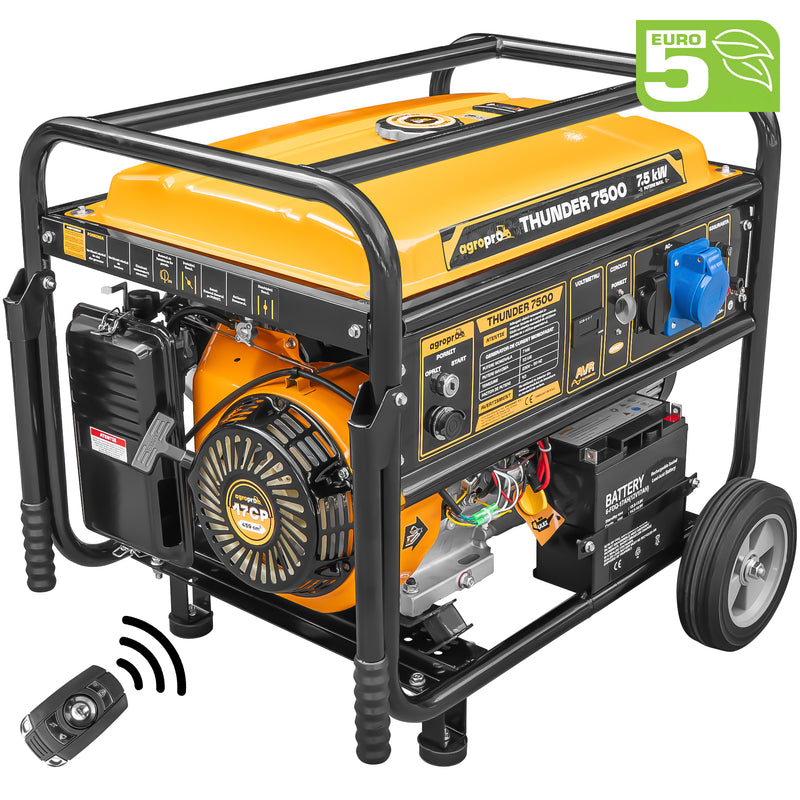 Generator curent AgroPro THUNDER 7500 putere 7.5kW 230V monofazat benzina rezervor 25 L pornire electrica telecomanda AVR permite automatizare ATS sistem transport cu roti si manere
