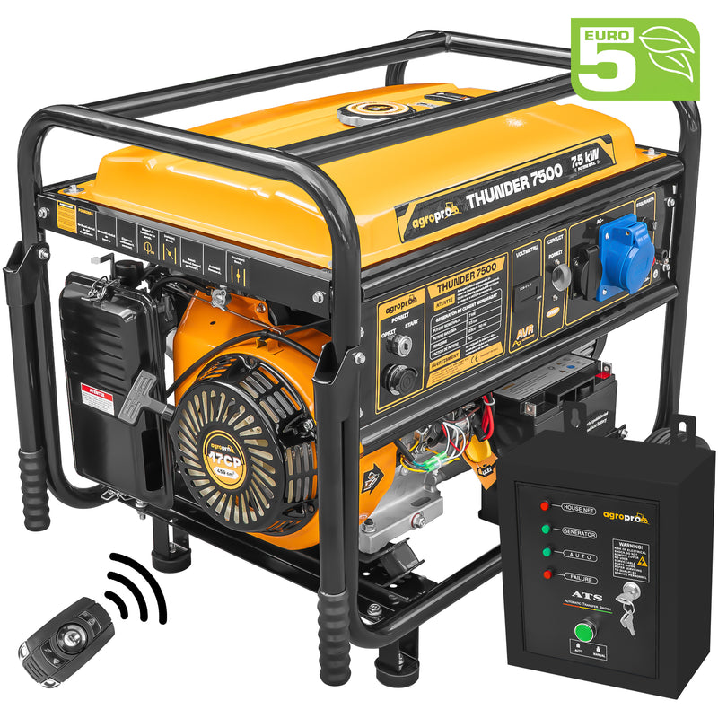 Generator curent AgroPro THUNDER 7500 putere 7.5kW 230V monofazat benzina rezervor 25 L pornire electrica telecomanda AVR sistem transport cu roti si manere + automatizare ATS