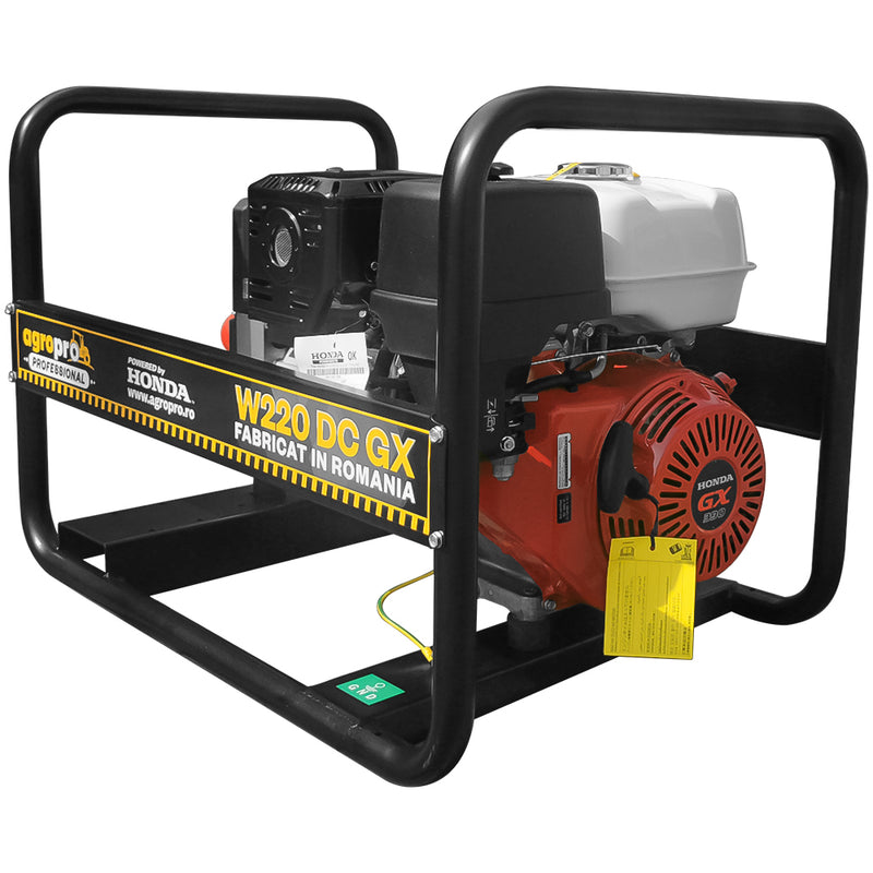 Generator curent pentru sudare industrial AgroPro W220 DC GX motor Honda GX 390 13 CP putere maxima 6.5 kVA benzina trifazat kit sudura