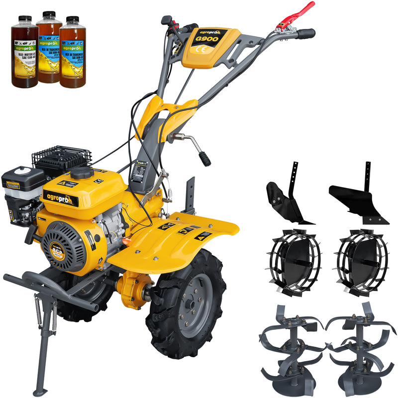 Motocultor AgroPro G900 motor 8 CP benzina 2+1 viteze latime lucru 65-95 cm freze roti cauciuc 4.00x8" roti metal plug arat rarita reglabila 3l ulei