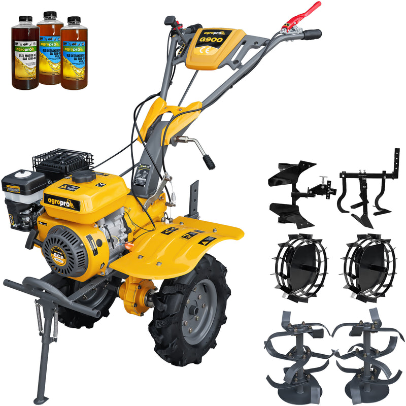 Motocultor AgroPro G900 motor 8 CP benzina 2+1 viteze latime lucru 65-95 cm freze roti cauciuc 4.00x8" roti metal cultivator plug reversibil 3l ulei