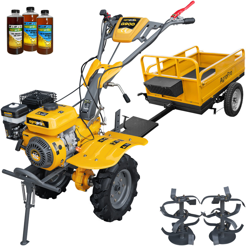Motocultor AgroPro G900 motor 8 CP benzina 2+1 viteze latime lucru 65-95 cm freze roti cauciuc 4.00x8" remorca 3l ulei