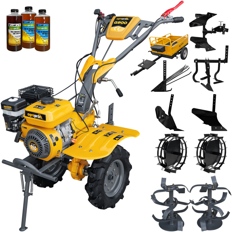 Motocultor AgroPro G900 motor 8 CP benzina 2+1 viteze latime lucru 65-95 cm freze roti cauciuc 4.00x8" roti metal plug arat rarita reglabila plug cartofi cultivator plug reversibil remorca 3l ulei