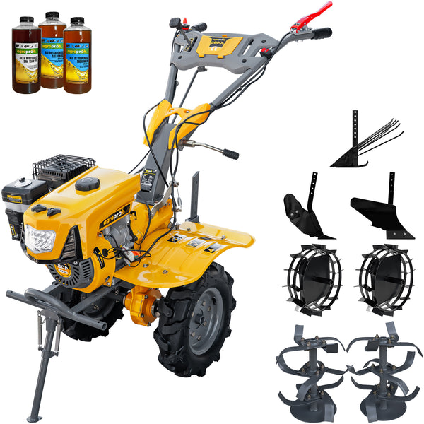 Motocultor AgroPro G900L motor 8 CP benzina 2+1 viteze latime lucru 65-95 cm freze roti cauciuc 4.00x8" capota far LED roti metal plug arat rarita reglabila plug cartofi 3l ulei