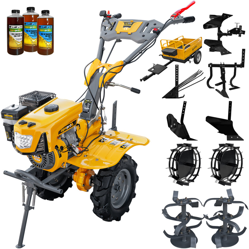 Motocultor AgroPro G900L motor 8 CP benzina 2+1 viteze latime lucru 65-95 cm freze roti cauciuc 4.00x8" capota far LED roti metal plug arat rarita reglabila plug cartofi cultivator plug reversibil remorca 3l ulei