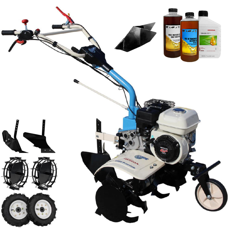 Motosapa AGT 6500 PREMIUM motor Honda GP160 5.5 CP latime lucru 80 cm 2+1 viteze freze rarita fixa roti cauciuc 4.00-8 roti metal plug arat rarita reglabila 0.6l ulei