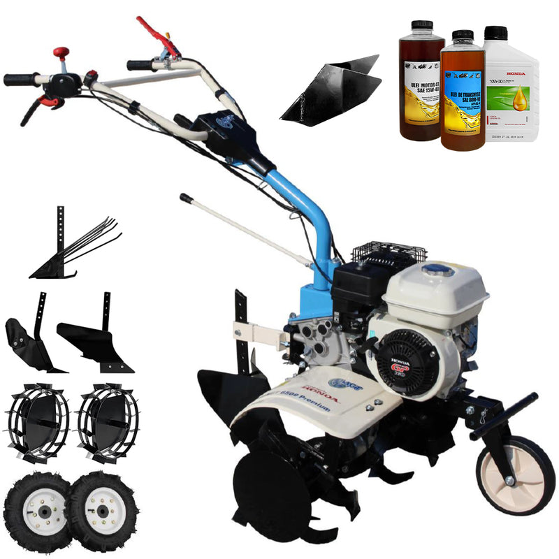 Motosapa AGT 6500 PREMIUM motor Honda GP160 5.5 CP latime lucru 80 cm 2+1 viteze freze rarita fixa roti cauciuc 4.00-8 roti metal plug arat rarita reglabila plug cartofi 0.6l ulei