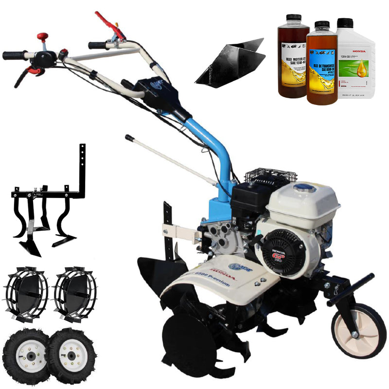 Motosapa AGT 6500 PREMIUM motor Honda GP160 5.5 CP latime lucru 80 cm 2+1 viteze freze rarita fixa roti cauciuc 4.00-8 roti metal cultivator 0.6l ulei