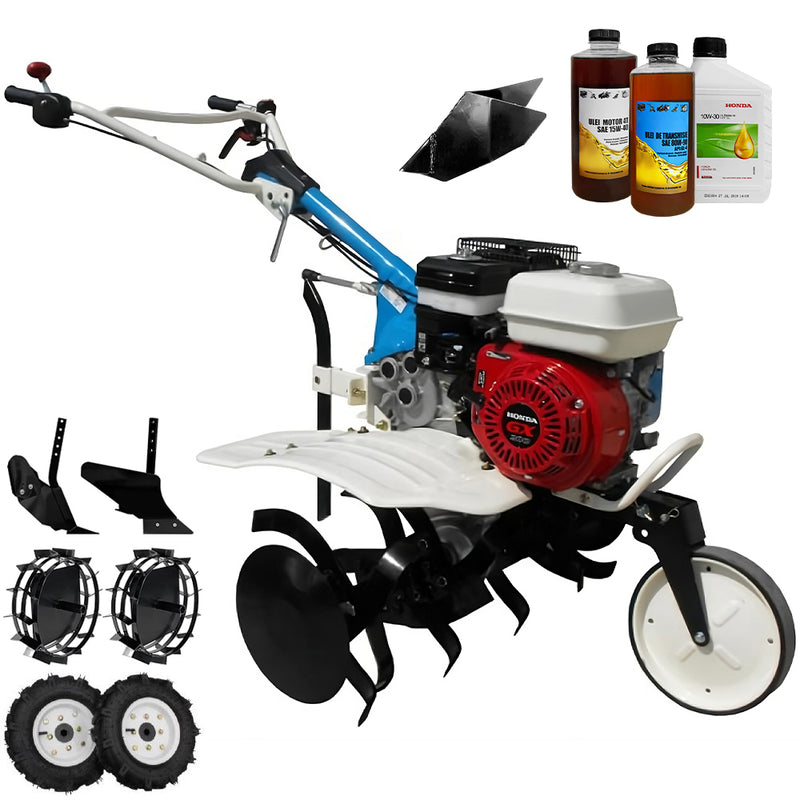 Motosapa AGT 5580 motor Honda GX160 5.5 CP latime lucru 80 cm 2+1 viteze freze rarita fixa roti cauciuc 4.00-8 roti metal plug arat rarita reglabila 2.6l ulei