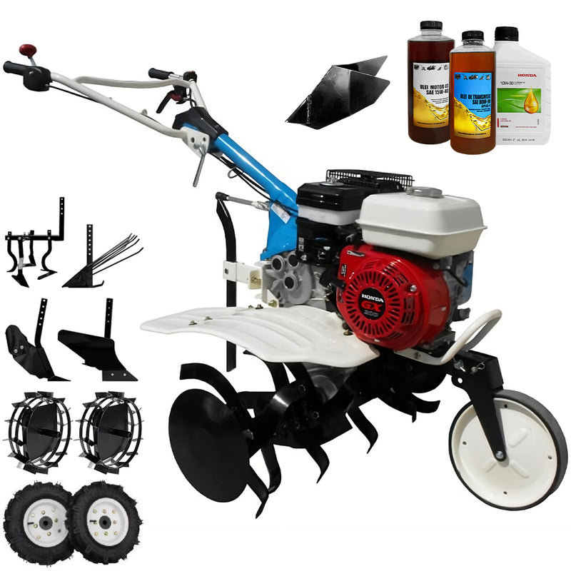Motosapa AGT 5580 motor Honda GX160 5.5 CP latime lucru 80 cm 2+1 viteze freze rarita fixa roti cauciuc 4.00-8 roti metal plug arat rarita reglabila plug cartofi cultivator 2.6l ulei