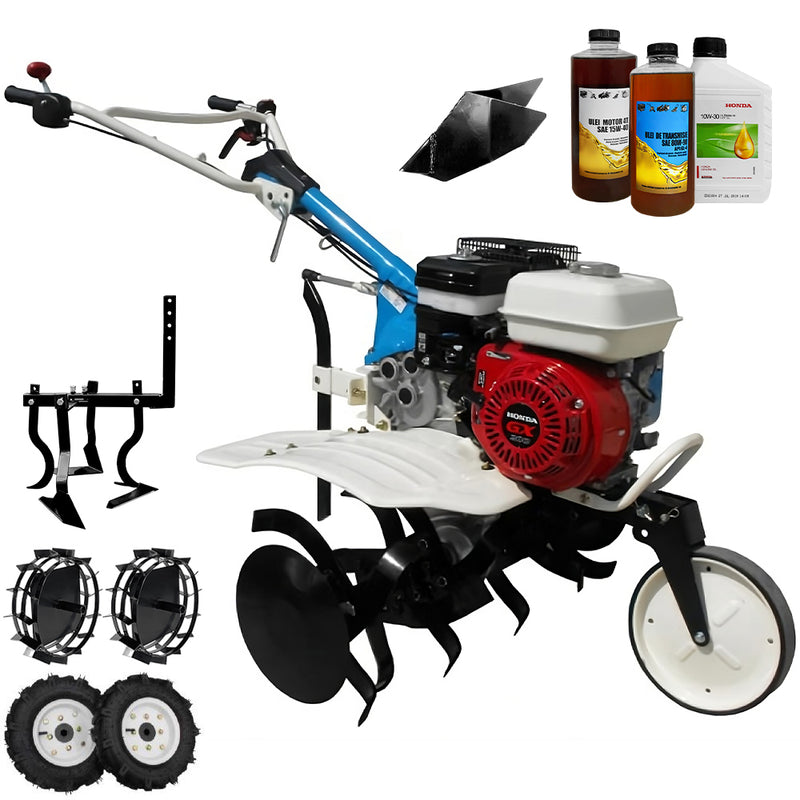 Motosapa AGT 5580 motor Honda GX160 5.5 CP latime lucru 80 cm 2+1 viteze freze rarita fixa roti cauciuc 4.00-8 roti metal cultivator 2.6l ulei