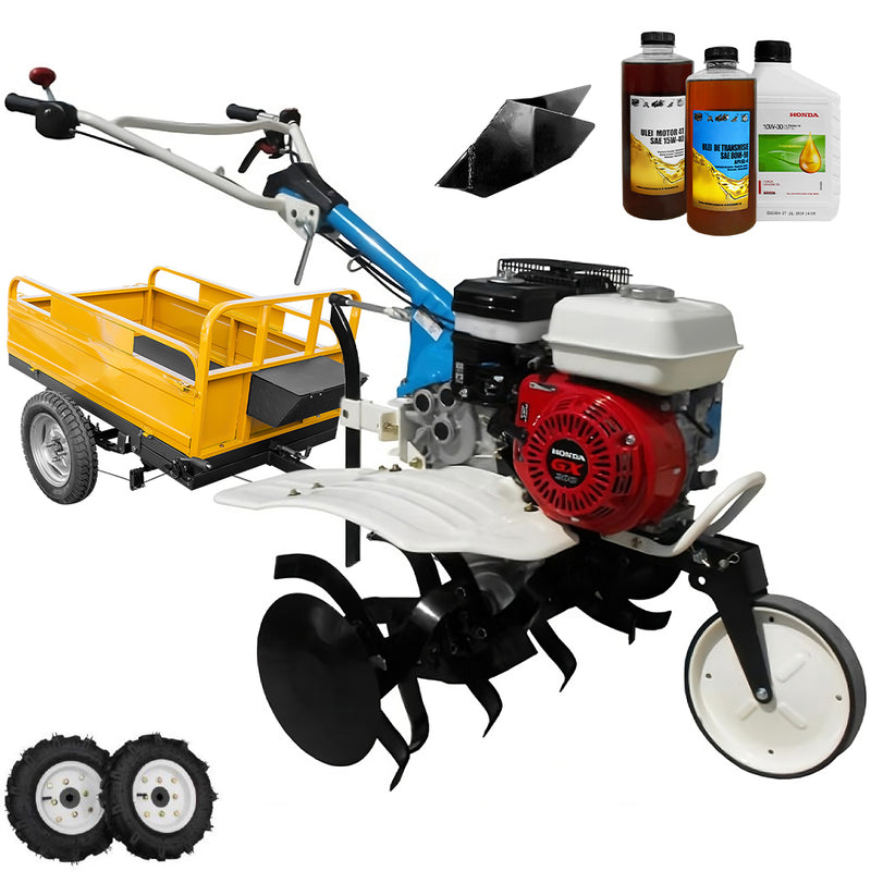 Motosapa AGT 5580 motor Honda GX200 6.5 CP latime lucru 80 cm 2+1 viteze freze rarita fixa roti cauciuc 4.00-8 remorca 2.6l ulei