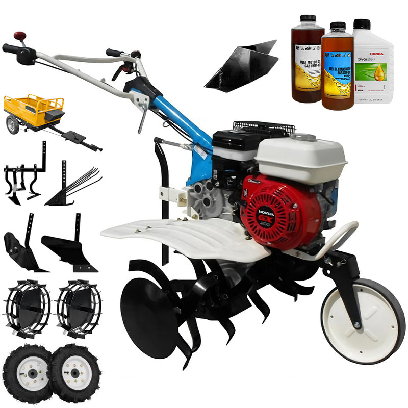 Motosapa AGT 5580 motor Honda GX160 5.5 CP latime lucru 80 cm 2+1 viteze freze rarita fixa roti cauciuc 4.00-8 roti metal plug arat rarita reglabila plug cartofi cultivator remorca 2.6l ulei