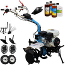 Motocultor AGT 7500 PREMIUM motor Honda GP200 6.5 CP latime lucru 80 cm 2+1 viteze freze rarita fixa roti cauciuc 4.00-8 roti metal plug arat rarita reglabila plug cartofi cultivator 3.6l ulei