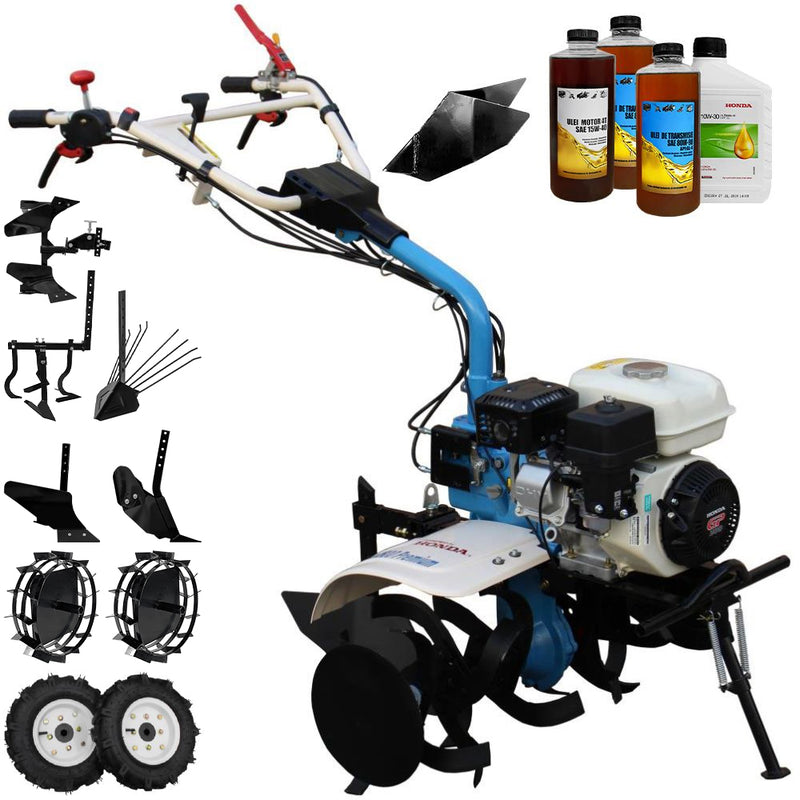 Motocultor AGT 7500 PREMIUM motor Honda GX200 6.5 CP latime lucru 80 cm 2+1 viteze freze rarita fixa roti cauciuc 4.00-8 roti metal plug arat rarita reglabila plug cartofi cultivator plug reversibil 3.6l ulei