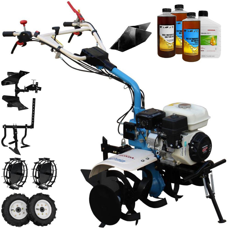 Motocultor AGT 7500 PREMIUM motor Honda GP200 6.5 CP latime lucru 80 cm 2+1 viteze freze rarita fixa roti cauciuc 4.00-8 roti metal cultivator plug reversibil 3.6l ulei
