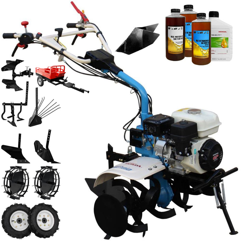 Motocultor AGT 7500 PREMIUM motor Honda GX200 6.5 CP latime lucru 80 cm 2+1 viteze freze rarita fixa roti cauciuc 4.00-8 roti metal plug arat rarita reglabila plug cartofi cultivator plug reversibil remorca 3.6l ulei