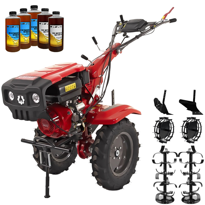 Motocultor Rotakt Apollo RO13R-2P motor 13 CP benzina 2+1 viteze latime lucru 56-135 cm freze roti cauciuc 5.00-12" 2 prize putere roti metal plug arat rarita reglabila 5l ulei