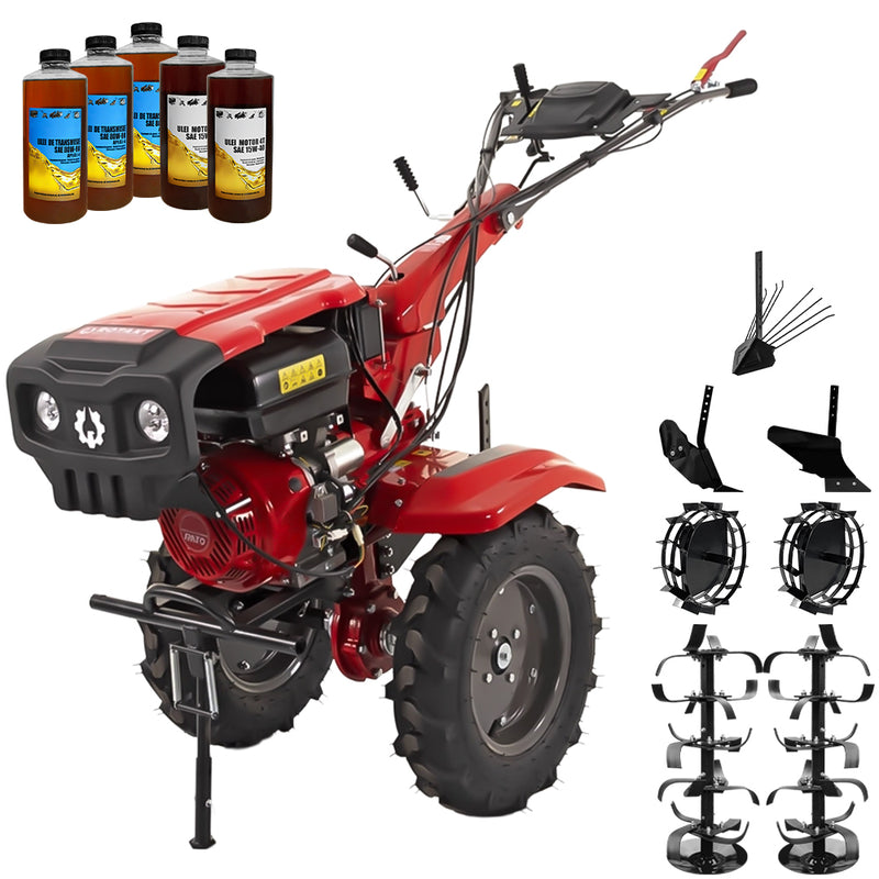 Motocultor Rotakt Apollo RO13R-2P motor 13 CP benzina 2+1 viteze latime lucru 56-135 cm freze roti cauciuc 5.00-12" 2 prize putere roti metal plug arat rarita reglabila plug cartofi 5l ulei