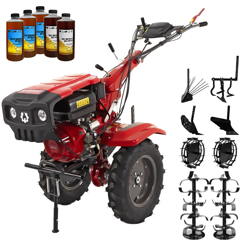 Motocultor Rotakt Apollo RO13R-2P motor 13 CP benzina 2+1 viteze latime lucru 56-135 cm freze roti cauciuc 5.00-12" 2 prize putere roti metal plug arat rarita reglabila plug cartofi cultivator 5l ulei