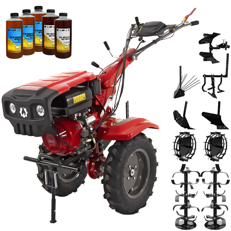 Motocultor Rotakt Apollo RO13R-2P motor 13 CP benzina 2+1 viteze latime lucru 56-135 cm freze roti cauciuc 5.00-12" 2 prize putere roti metal plug arat rarita reglabila plug cartofi cultivator plug reversibil 5l ulei