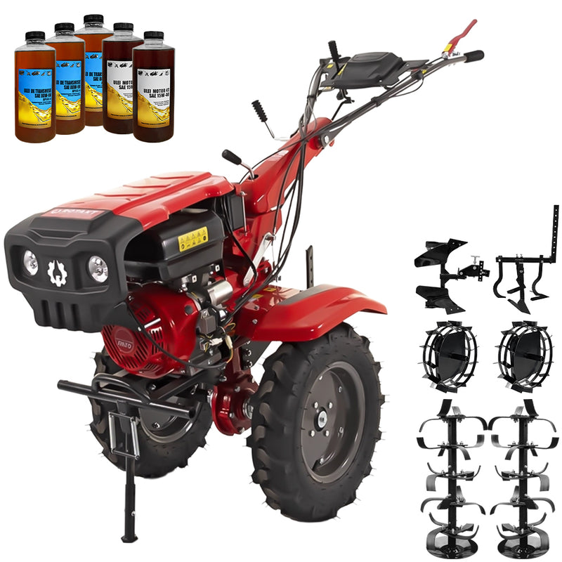 Motocultor Rotakt Apollo RO13R-2P motor 13 CP benzina 2+1 viteze latime lucru 56-135 cm freze roti cauciuc 5.00-12" 2 prize putere roti metal cultivator plug reversibil 5l ulei