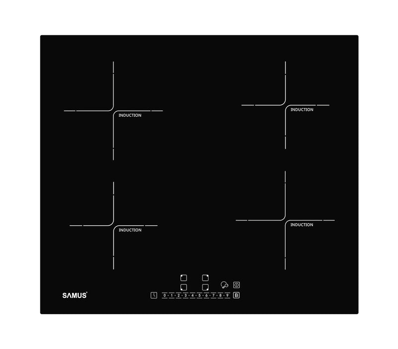 Plita incorporabila inductie Samus PSI-64BG7 4 zone de gatit 7000 W control touch timer oprire automata functie blocare indicator caldura reziduala functie Boost