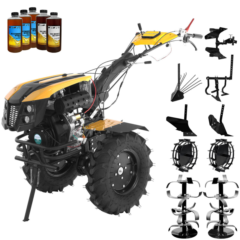 Motocultor diesel 12CP ProGARDEN Campo 1273 Alpine V2 2+1 viteze roti 6.00-12 EU V pornire electrica 2 prize putere roti metal plug arat rarita reglabila plug cartofi cultivator plug reversibil 5l ulei