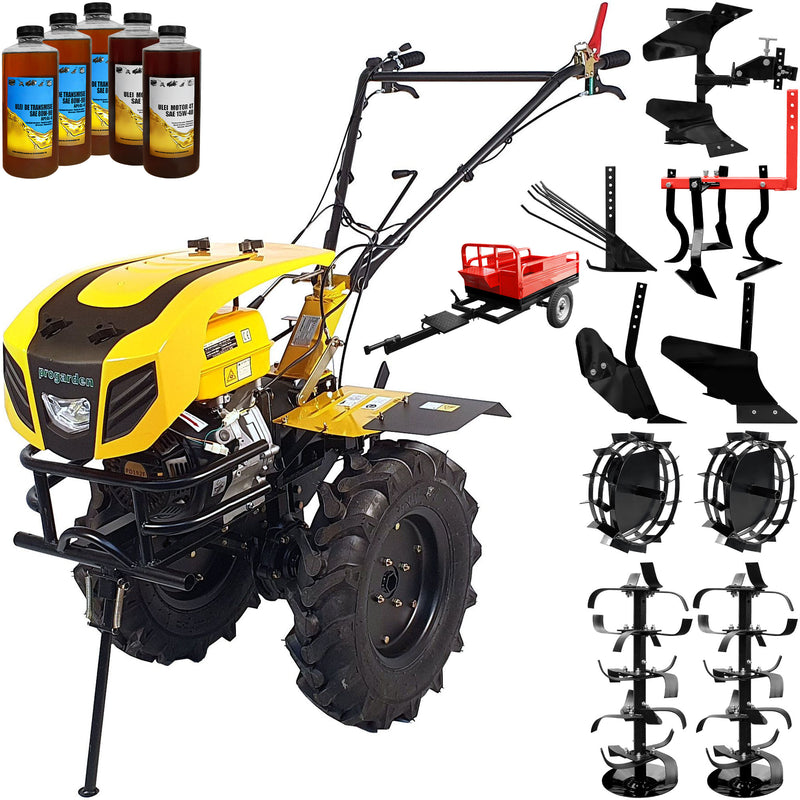 Motocultor ProGARDEN Campo 1803 motor 18CP Euro5 benzina 2+1 viteze latime lucru 162 cm freze roti 6.00-12 roti metal plug arat rarita reglabila plug cartofi cultivator plug reversibil remorca 5l ulei