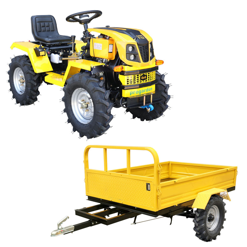 Minitractor ProGARDEN Campo T12 V25.1 4x4 12CP diesel hidraulica fata-spate roti 6.00-12 Remorca Campo RM600CT 600kg 1 osie prindere cupla roti profil agricol 6.00-12