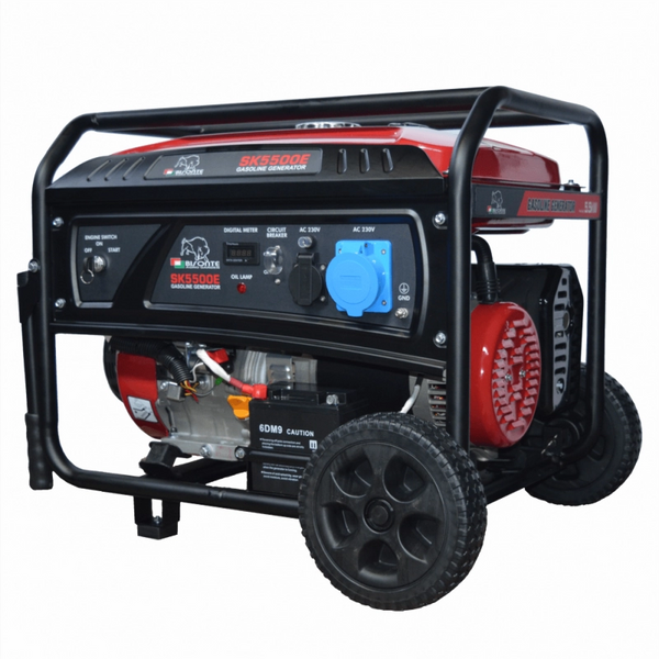 Generator de curent BISONTE SK5500E putere maxima 5.5 kW benzina rezervor 25 L 230V AVR pornire electrica roti transport