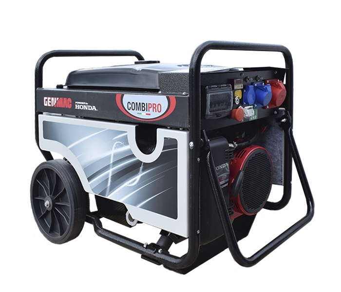 Generator de curent GENMAC CombiPro G5500HC-M P putere maxima 4.6 kW/400V 1.5 kW/230V motor Honda GX270 benzina rezervor 25 L roti transport