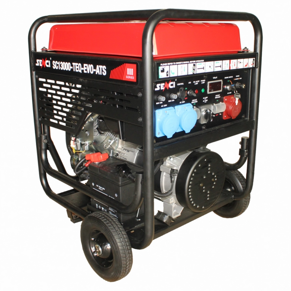 Generator de curent SENCI SC13000TEQ-EVO putere maxima 11 kW 230/400V benzina rezervor 45 L pornire electrica roti transport