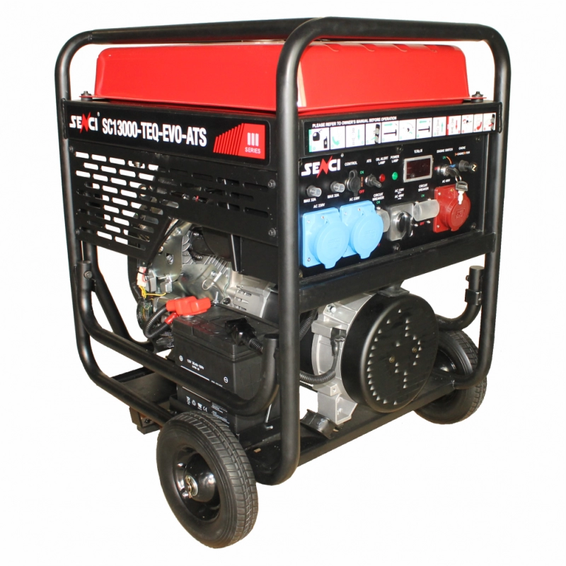 Generator de curent SENCI SC13000TEQ-EVO putere maxima 11 kW 230/400V benzina rezervor 45 L pornire electrica roti transport
