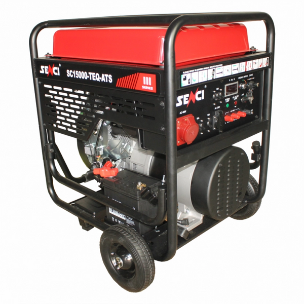 Generator de curent SENCI SC15000TE EVO putere maxima 13 KW/400V 4 KW/230V benzina rezervor 45 L pornire electrica roti transport