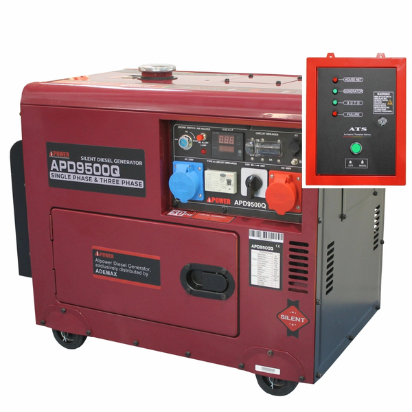Generator de curent insonorizat AiPower APD9500Q putere maxima 6.5kW 230/400V Diesel rezervor 12.5 L AVR pornire electrica ATS inclus