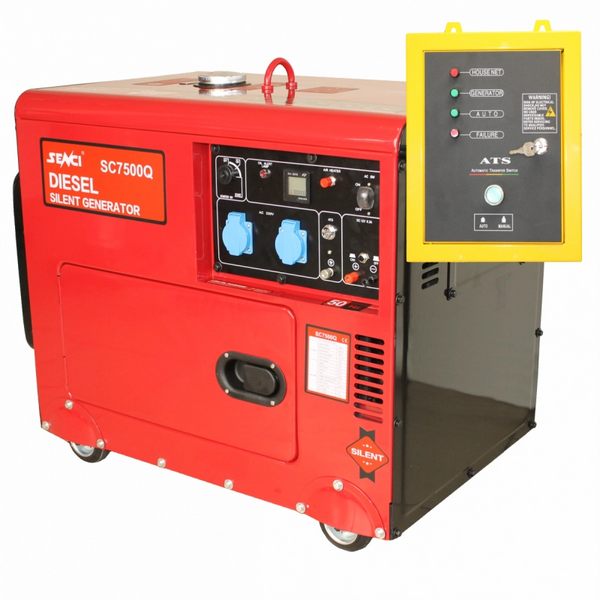 Generator de curent insonorizat SENCI SCD7500Q putere maxima 6 kW 230V Diesel rezervor 18 L AVR pornire electrica ATS inclus