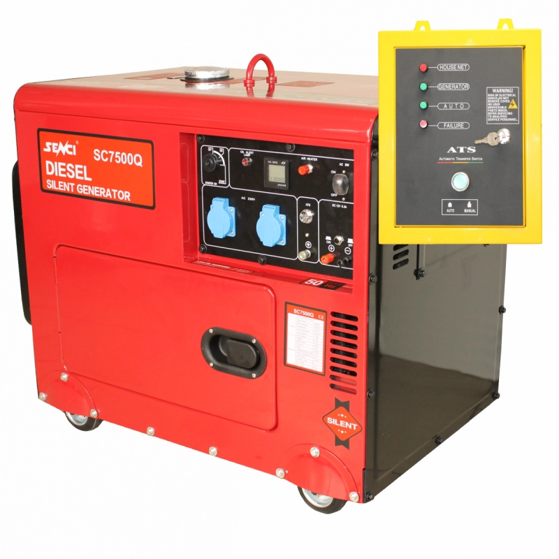 Generator de curent insonorizat SENCI SCD7500Q putere maxima 6 kW 230V Diesel rezervor 18 L AVR pornire electrica ATS inclus