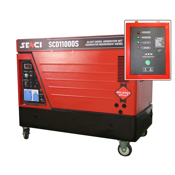 Generator de curent insonorizat SENCI SCD11000S ATS putere maxima 8.5 kW 230V Diesel rezervor 18 L AVR pornire electrica ATS inclus