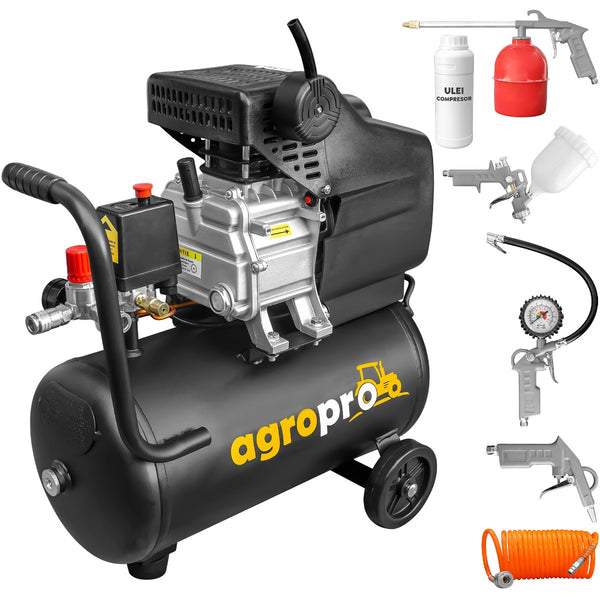 Compresor AgroPro AirPRO 2024B putere 1.5 kW debit 206 l/min presiune 8 bari rezervor 24l kit 5 accesorii ulei inclus