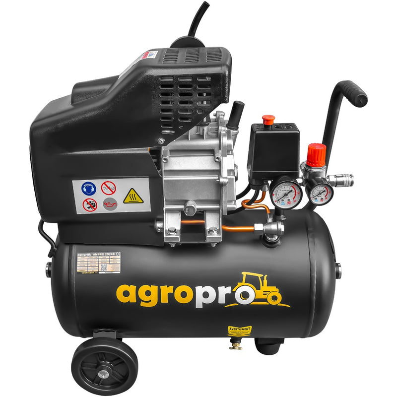 Compresor AgroPro AirPRO 2024B putere 1.5 kW debit 206 l/min presiune 8 bari rezervor 24l kit 5 accesorii ulei inclus