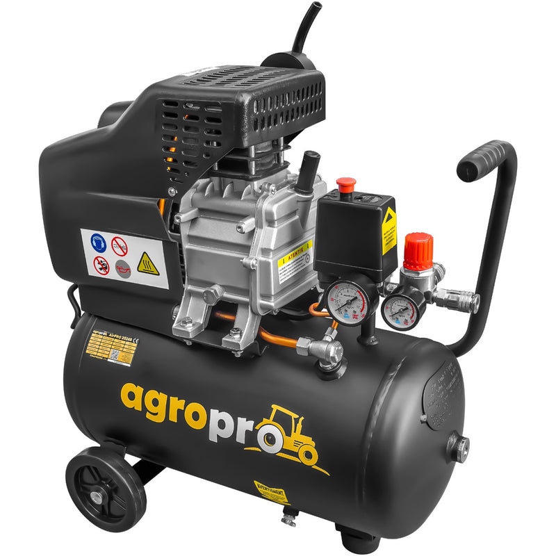 Compresor AgroPro AirPRO 2024B putere 1.5 kW debit 206 l/min presiune 8 bari rezervor 24l kit 5 accesorii ulei inclus