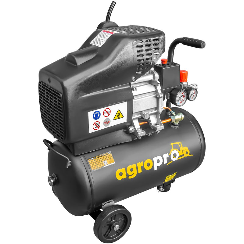 Compresor AgroPro AirPRO 2024B putere 1.5 kW debit 206 l/min presiune 8 bari rezervor 24l kit 5 accesorii ulei inclus