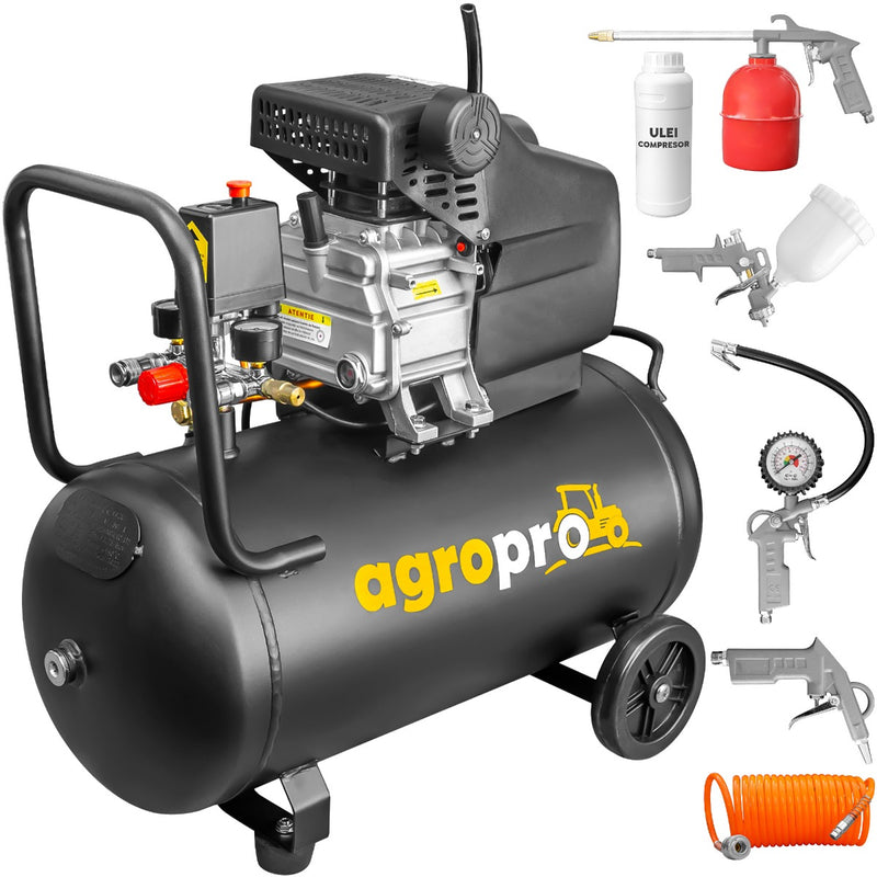 Compresor AgroPro AirPRO 2050B putere 1.5 kW debit 206 l/min presiune 8 bari rezervor 50l kit 5 accesorii ulei inclus